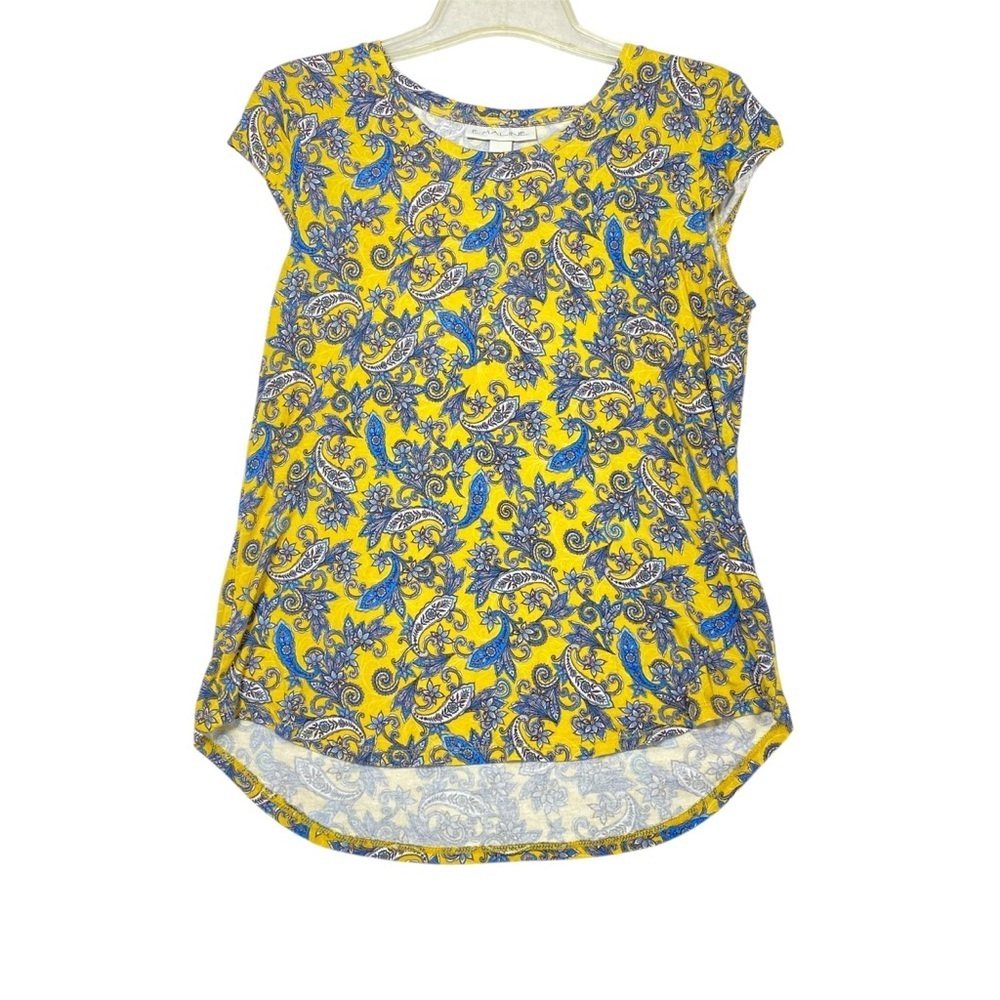 Emaline Paisley Blouse Women's S Yellow Blue Cap Sleeve Stretch Casual Pullover